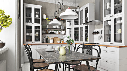Scandinavian or country style kitchen with eating area and simplistic accents. 3d rendering © Digital Storm