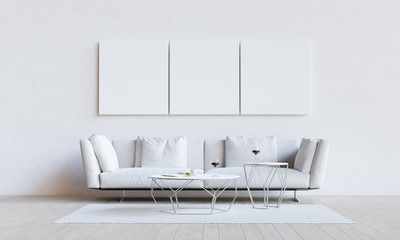 White living room with couch, table and mockup pictures. 3D render illustration.