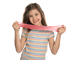 Little girl with slime on white background