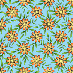 Seamless floral pattern. Bright, sunny print of orange-yellow with a black outline of flowers, twigs with yellow-green leaves, gradient, light blue background.