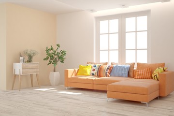 Stylish room in white color with orange sofa. Scandinavian interior design. 3D illustration