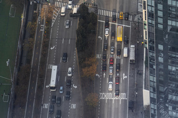 Aerial top view of New York City traffic. West Side Highway, Manhattan, New York City.