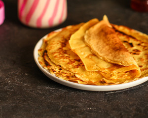 pancakes fritter crepe (delicious dessert or breakfast snack) menu concept. food background. top view. copy space