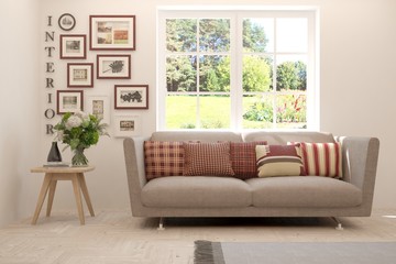 Mock up of stylish room in white color with sofa. Scandinavian interior design. 3D illustration