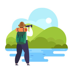 Man looking through binoculars, hiking or camping vector flat illustration