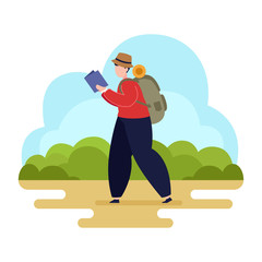 Man with backpack look at the map,  hiking or camping vector flat illustration
