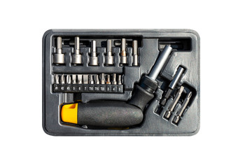  Bit set and socket with ratchet screwdriver in black packaging, isolated on a white background with a clipping path.