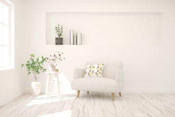 Stylish room in white color with armchair. Scandinavian interior design. 3D illustration