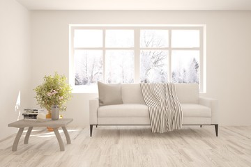 Stylish room in white color with sofa and winter landscape in window. Scandinavian interior design. 3D illustration