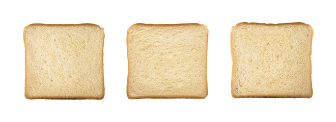 Top view of wheat bread slices of square shape isolated on white background