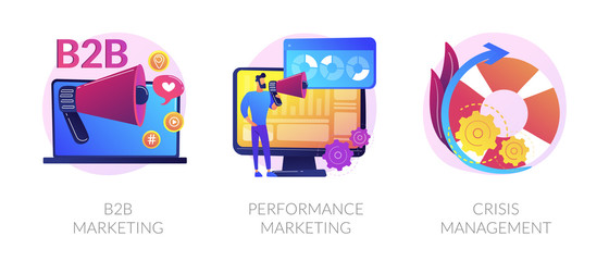 Advertising business icons set. Investment efficiency monitoring, problem solution. B2B marketing, performance marketing, crisis management metaphors. Vector isolated concept metaphor illustrations