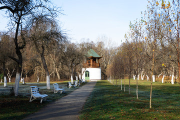 Autumn in the park, park buildings. Well maintained garden. Manor and park of the famous Russian composer Oginsky. Travel in Belarus.