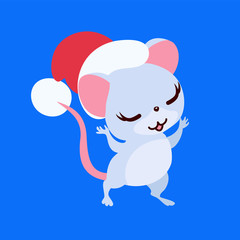 Cute baby mouse isolated in Santa hat.