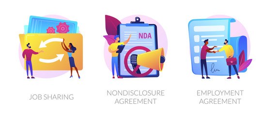 Company principles icons set. Employer and employee contract, labor obligations. Job sharing, nondisclosure agreement, employment agreement metaphors. Website web page template - concept metaphors.