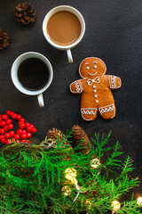 Obraz na płótnie Canvas gingerbread. gifts and holiday, happy New Year. festive background. food background. top view