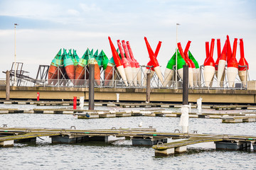 Fototapeta na wymiar Cuxhaven, Germany - November 10, 2019. Port on Elbe and North Sea with huge buoys