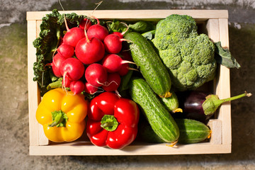 Eco box with garden fresh vegetables outdoor