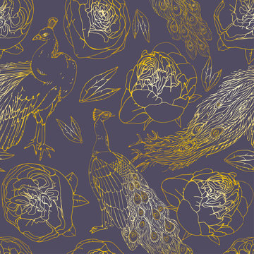 Seamless pattern with golden peacock and roses, peonies, leaves on dusty violet background. Tropical berds, flowers. Vector illustration with plants. Gentle pastel colors.