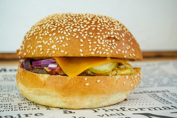 Meaty hamburger in a restaurant