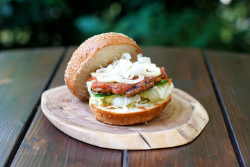 Meaty hamburger in a restaurant