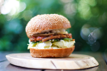 Meaty hamburger in a restaurant