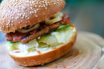 Meaty hamburger in a restaurant