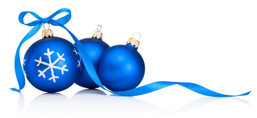 Three blue Christmas decoration bauble with ribbon bow isolated on white background