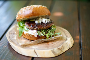 Meaty hamburger in a restaurant