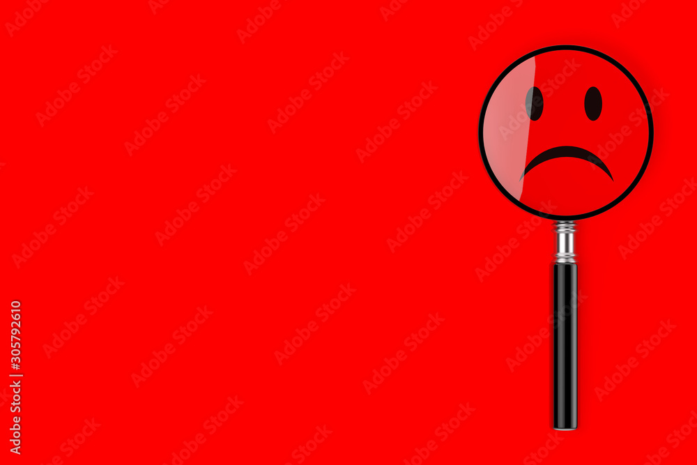 Aufkleber magnifying glass with sad face. 3d rendering