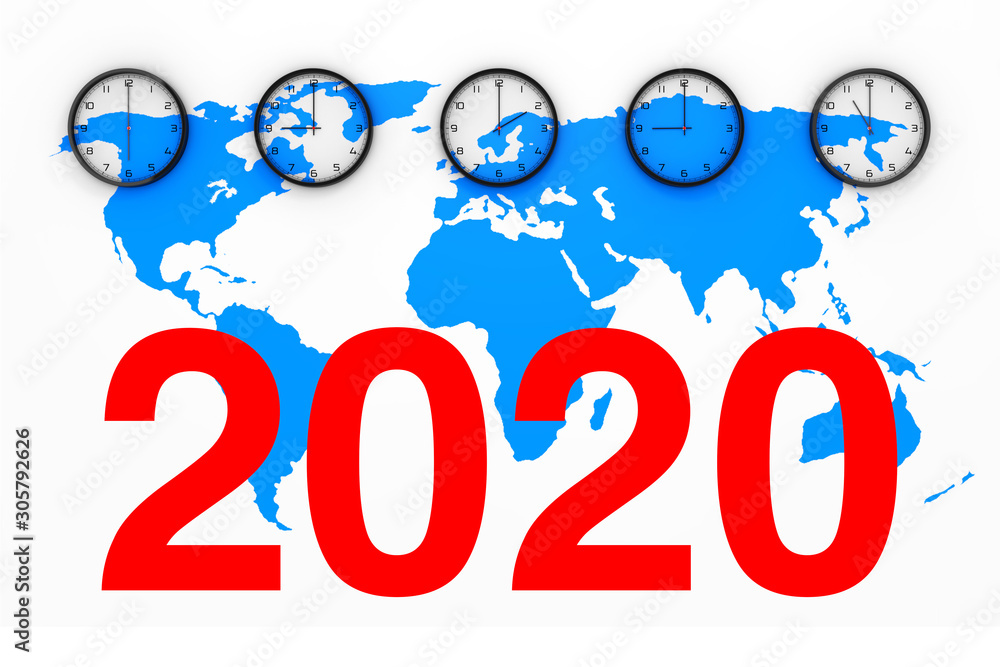 Poster Set of Clocks with Different World Time, Blue World Map and New 2020 Year Sign. 3d Rendering
