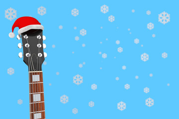 Red Santa Hat over Beautiful Black Electric Guitar on a Blue Background with Snowflakes. 3d Rendering