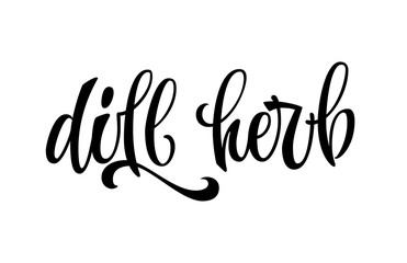 Vector hand drawn calligraphy style lettering word - dill herb. Labels, shop design, cafe decore etc Isolated script spice text logo.
