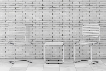 Set of Modern Metal Chairs and Table with Wooden Planks. 3d Rendering