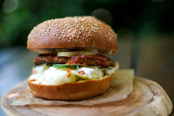 Meaty hamburger in a restaurant