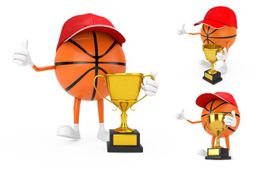 Cute Cartoon Toy Basketball Ball Sports Mascot Person Character with Golden Trophy. 3d Rendering