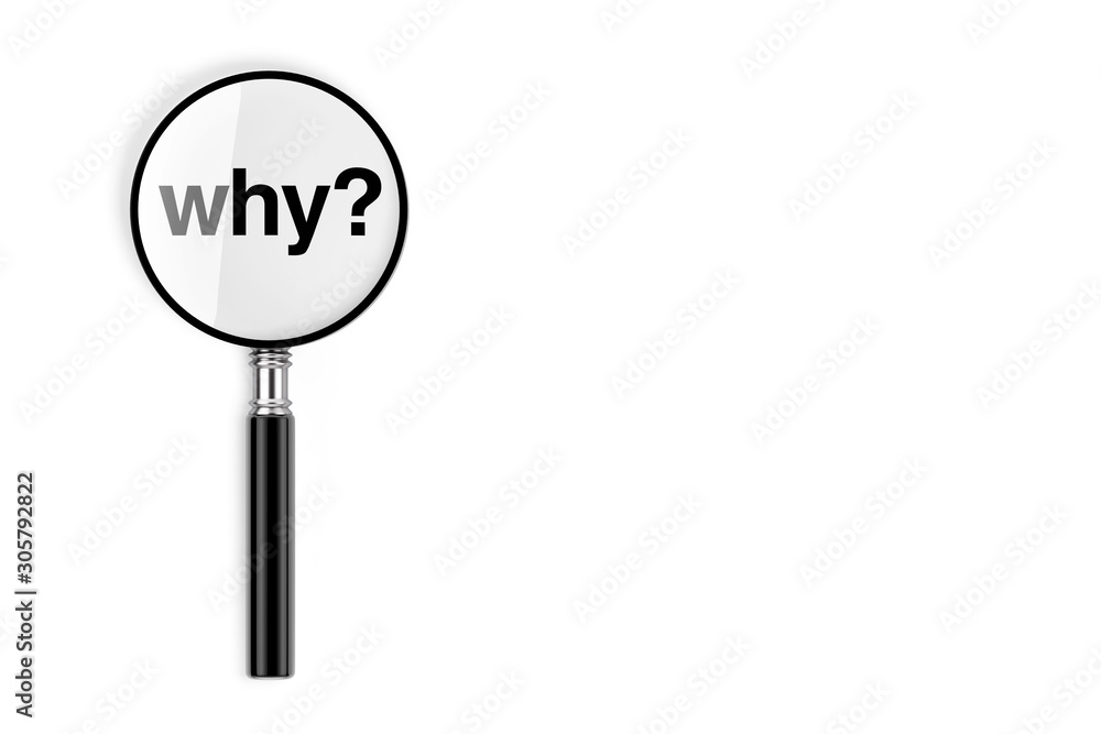 Poster magnifying glass with why sign. 3d rendering