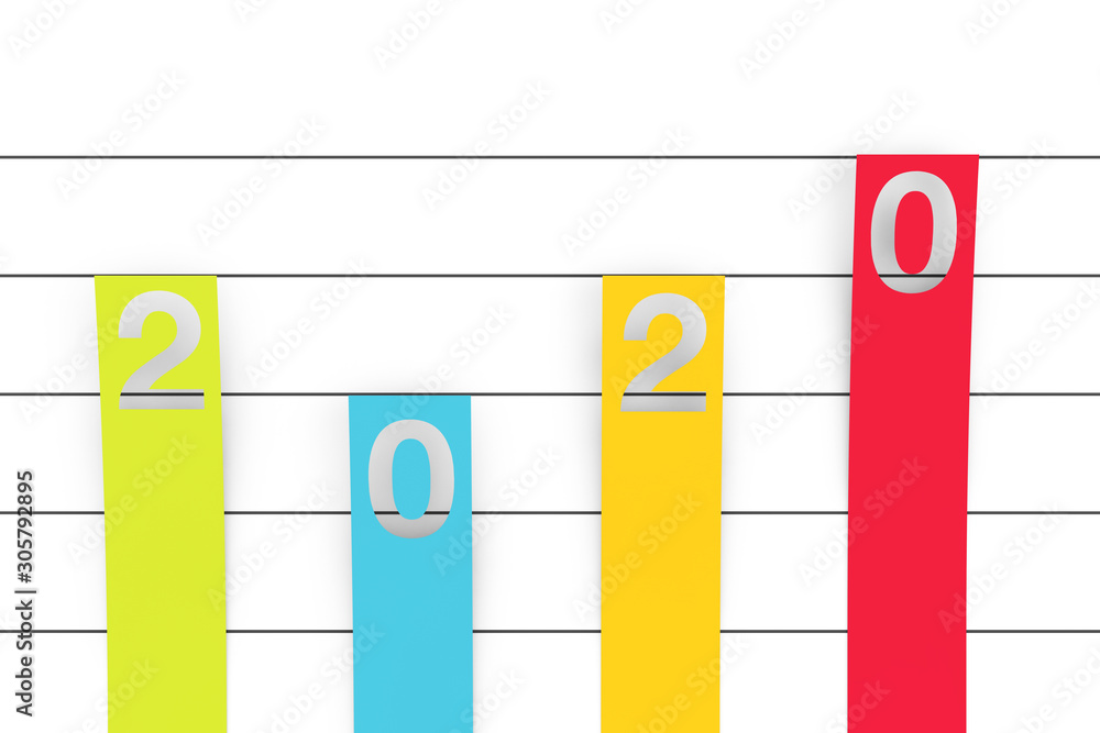 Poster colour column flat graph chart infographics paper elements with 2020 new year sign. 3d rendering