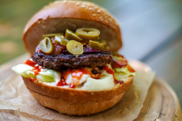Meaty hamburger in a restaurant