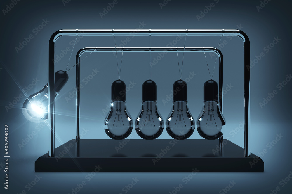 Aufkleber business idea concept. perpetual motion light bulbs with one glowing as newtons spheres cradle. 3d r