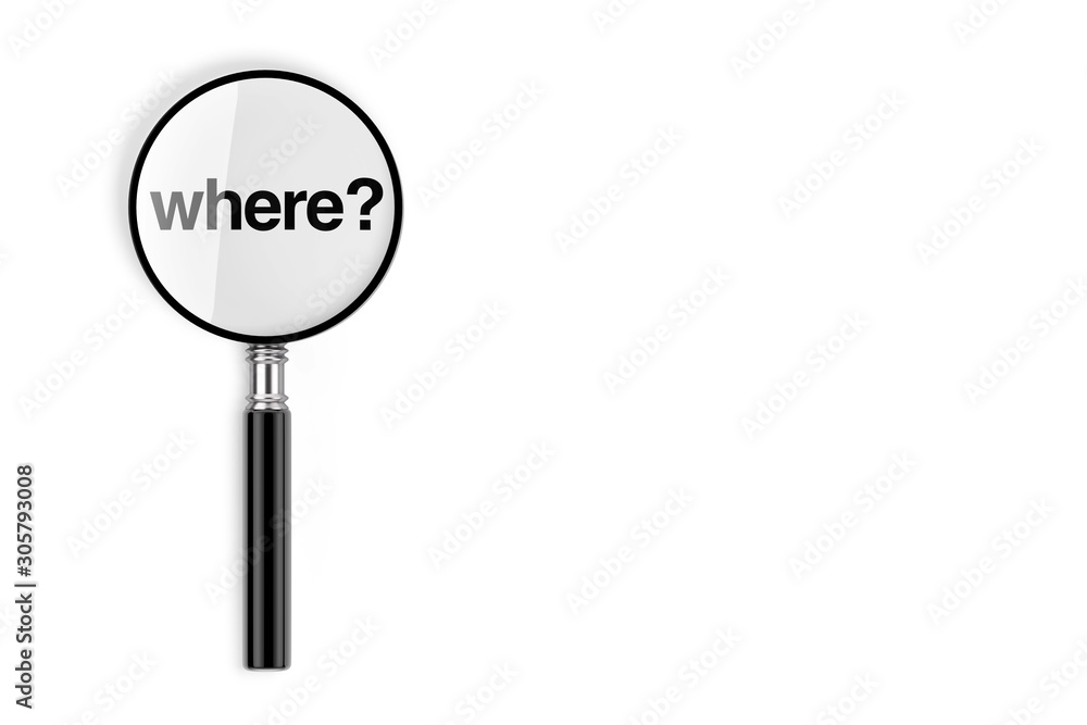 Poster magnifying glass with where sign. 3d rendering