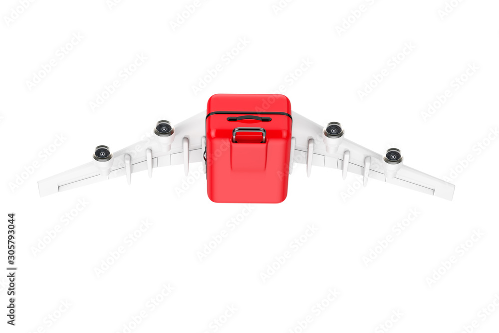Aufkleber travel concept. large red polycarbonate suitcase with airplane wings flying to vocation. 3d renderin