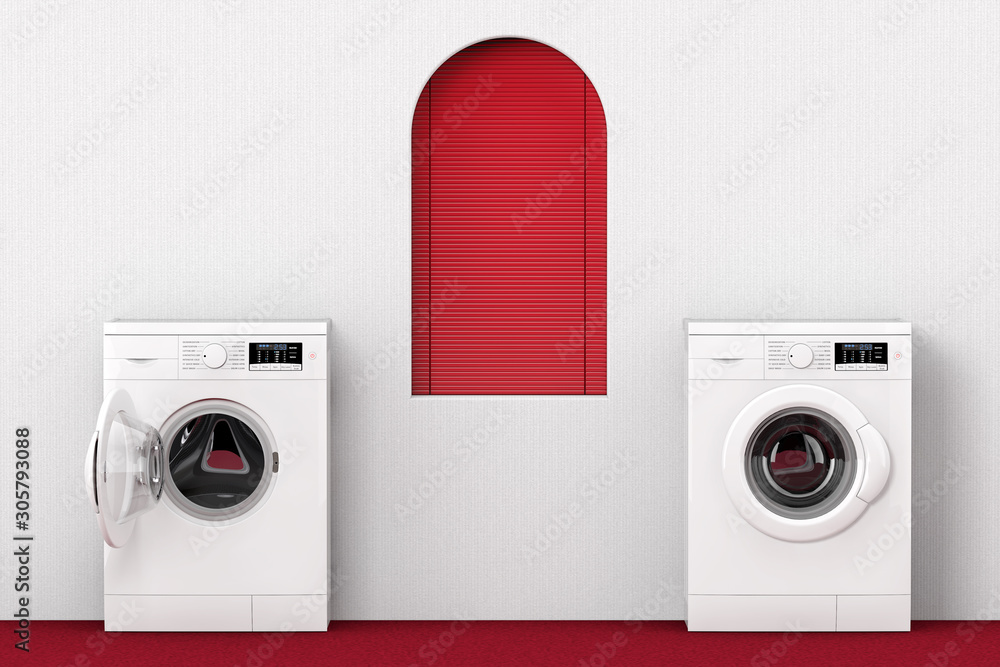 Aufkleber modern washing machine near red window. 3d rendering