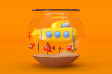 Yellow Toy Submarine in Aquarium Swims Under Water with Fishes. 3d Rendering