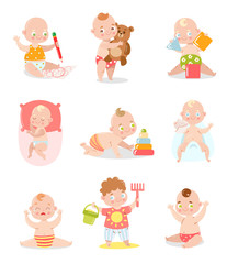 Naklejka premium Set of a cute baby in underpants with different situations. Vector illustration in flat cartoon style.