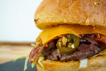 Meaty hamburger in a restaurant