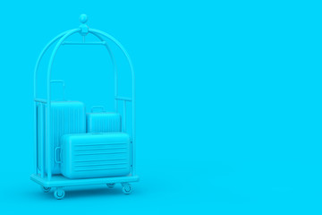 Obraz premium Blue Large Polycarbonate Suitcases in Yellow Luxury Hotel Luggage Trolley Cart. 3d Rendering