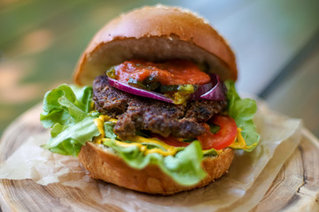 Meaty hamburger in a restaurant