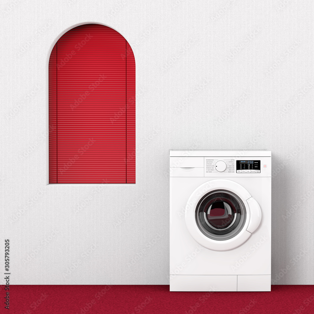 Aufkleber modern washing machine near red window. 3d rendering