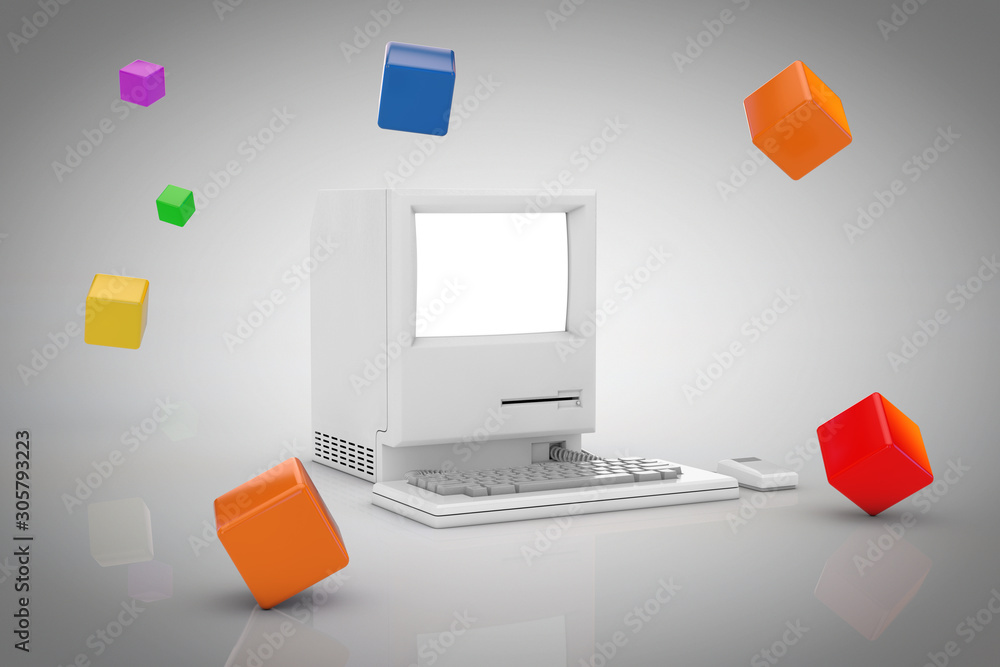 Poster abstract colour boxes around retro personal computer. 3d rendering