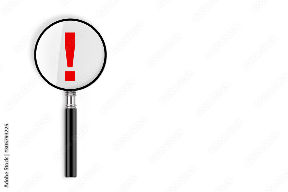 Fototapete faq concept. magnifying glass with exclamation mark. 3d rendering